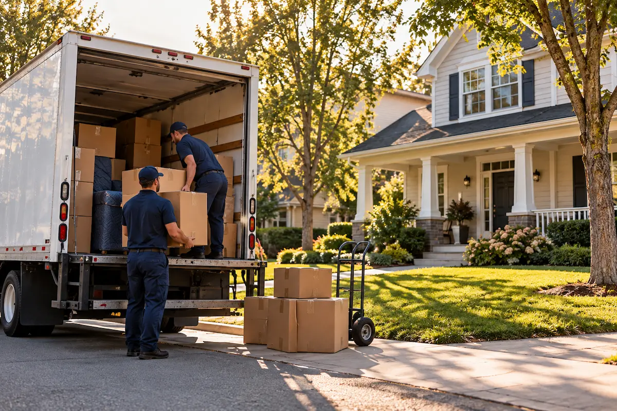Camion de mudanza y operarios cargando cajas frente a una casa suburbana en Estados Unidos
