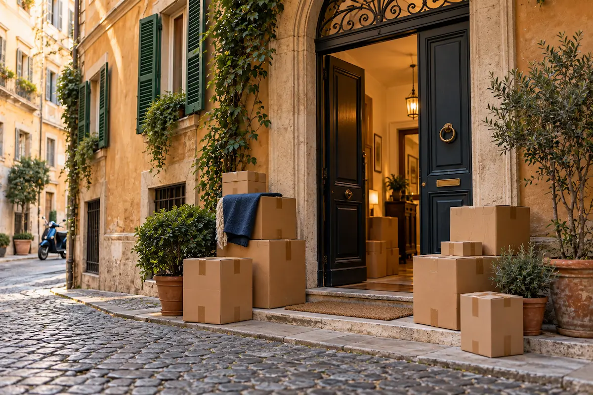 Entrada de un edificio historico italiano con cajas de mudanza apiladas en la puerta