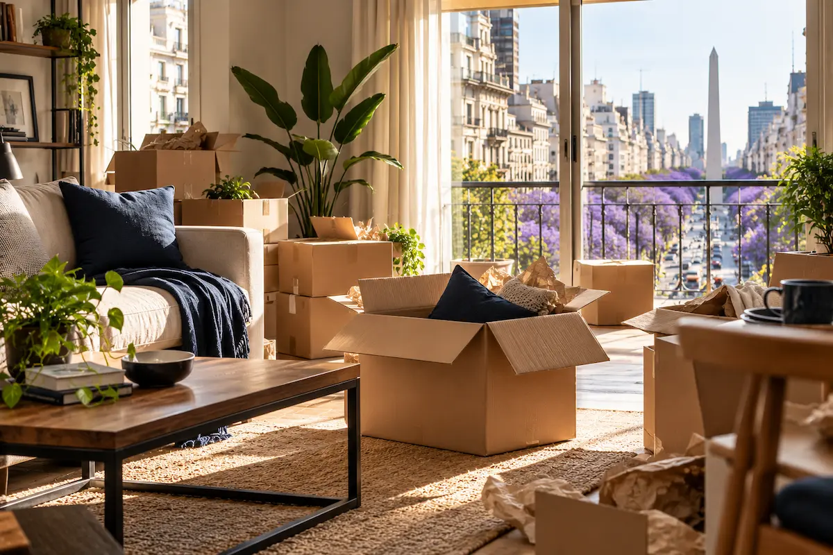 Living con cajas de mudanza y vista a una avenida portena con jacarandas y el Obelisco