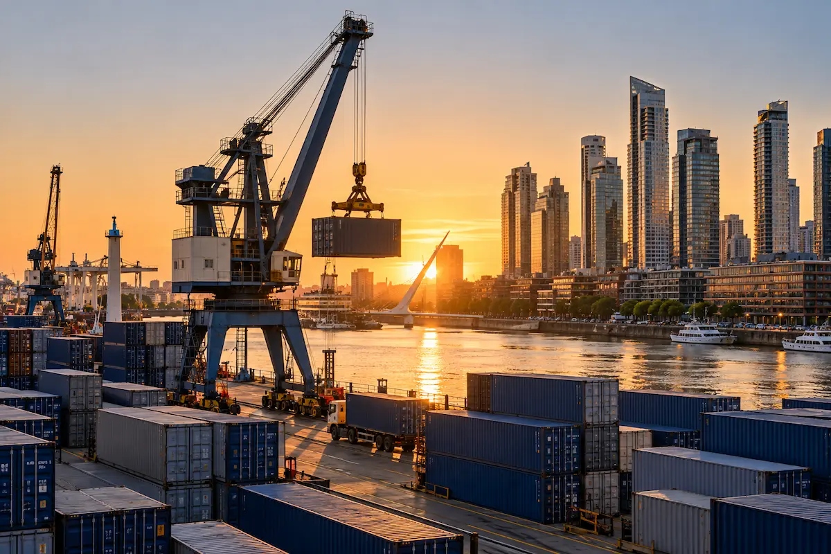 Contenedores maritimos en un puerto con vista a los edificios de Puerto Madero, Buenos Aires