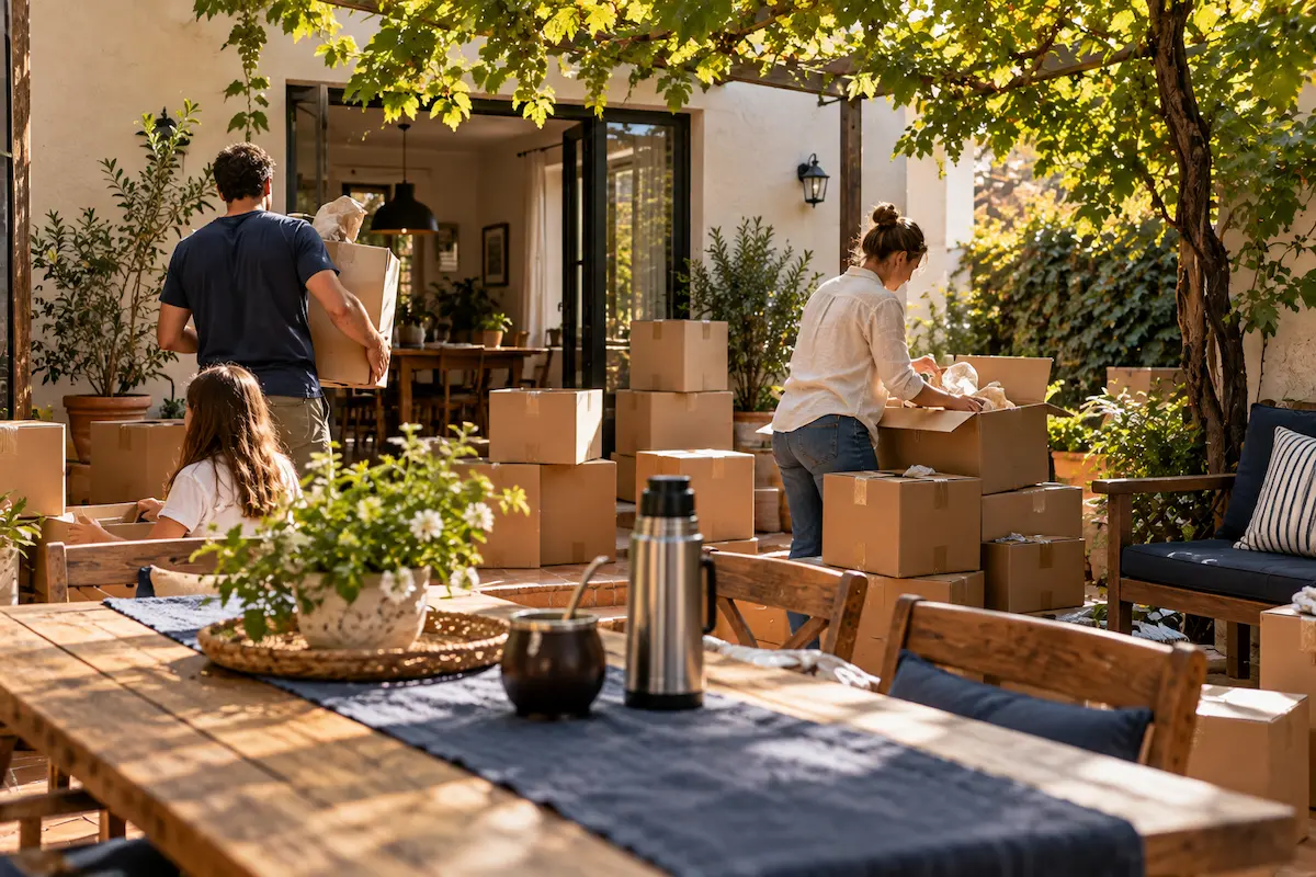 Familia desarmando cajas de mudanza en el patio de una casa argentina, con mate y termo