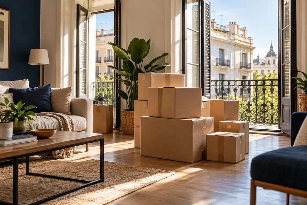 Living con cajas de mudanza y balcon con vista a edificios de Madrid